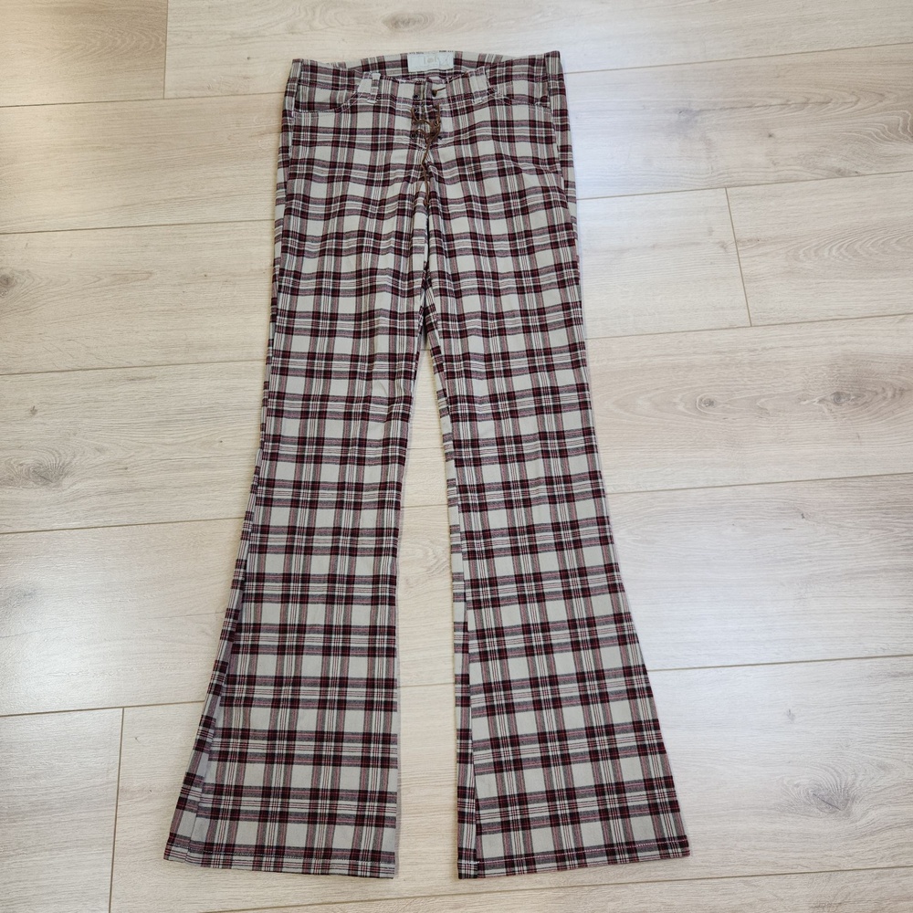 Vintage L.E.I. Dress Pants Womens 3 Beige Plaid Lace Up Flare Stretch Y2K Botcut